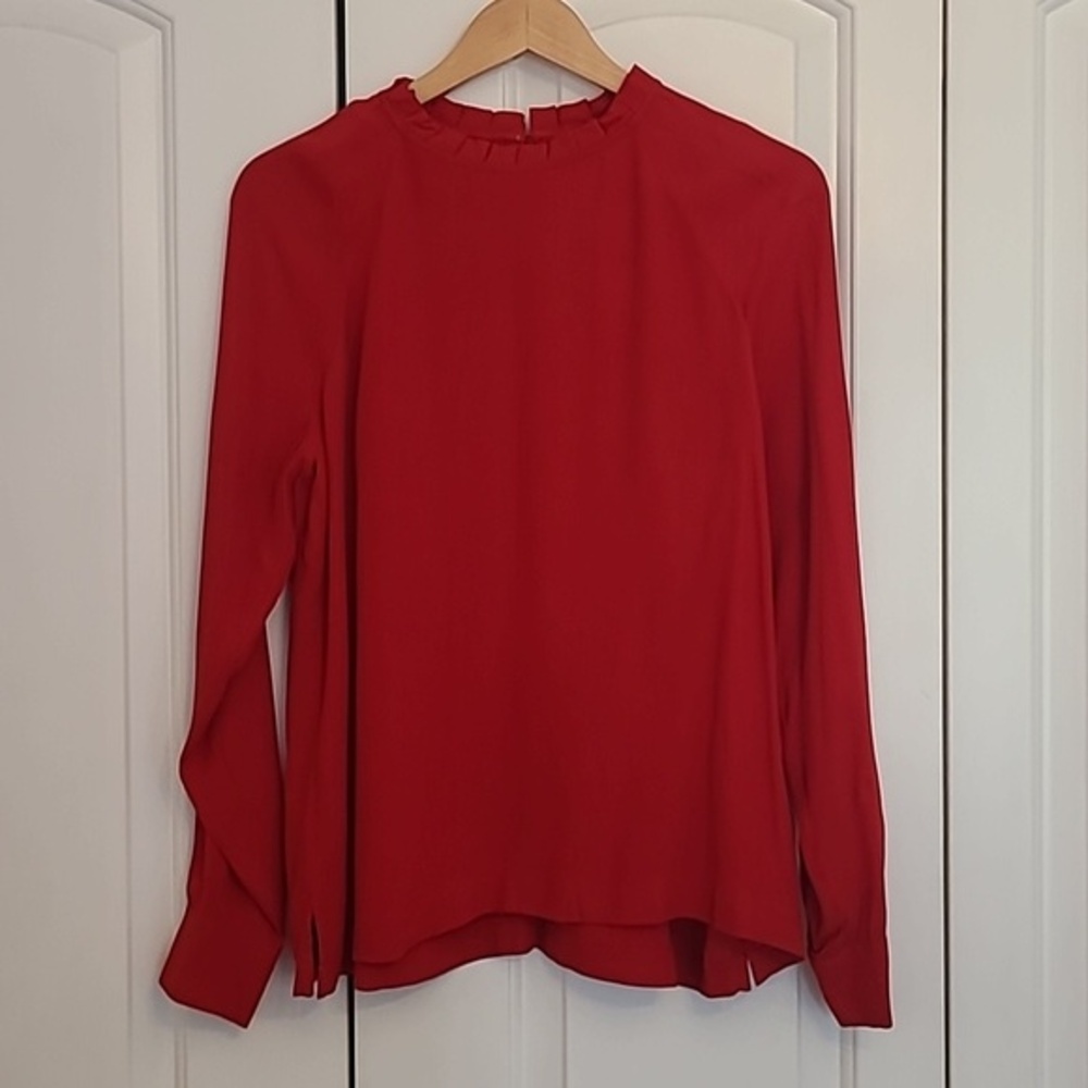 Ann Taylor LOFT Blouse Red Pleated Ruffle Top Long Sleeve Size S NWT